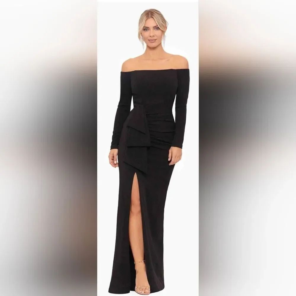 Xscape 5207X Strapless Long Sleeve Side Slit Column Gown NWT Size 16 Black